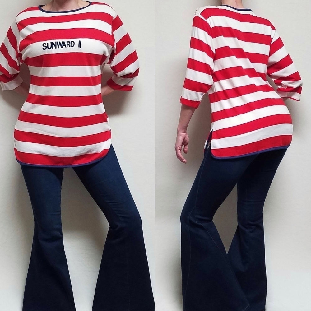 Rare Vintage 70s Sunward II Single Stitch White Striped Quarter Sleeve Tee OSFA